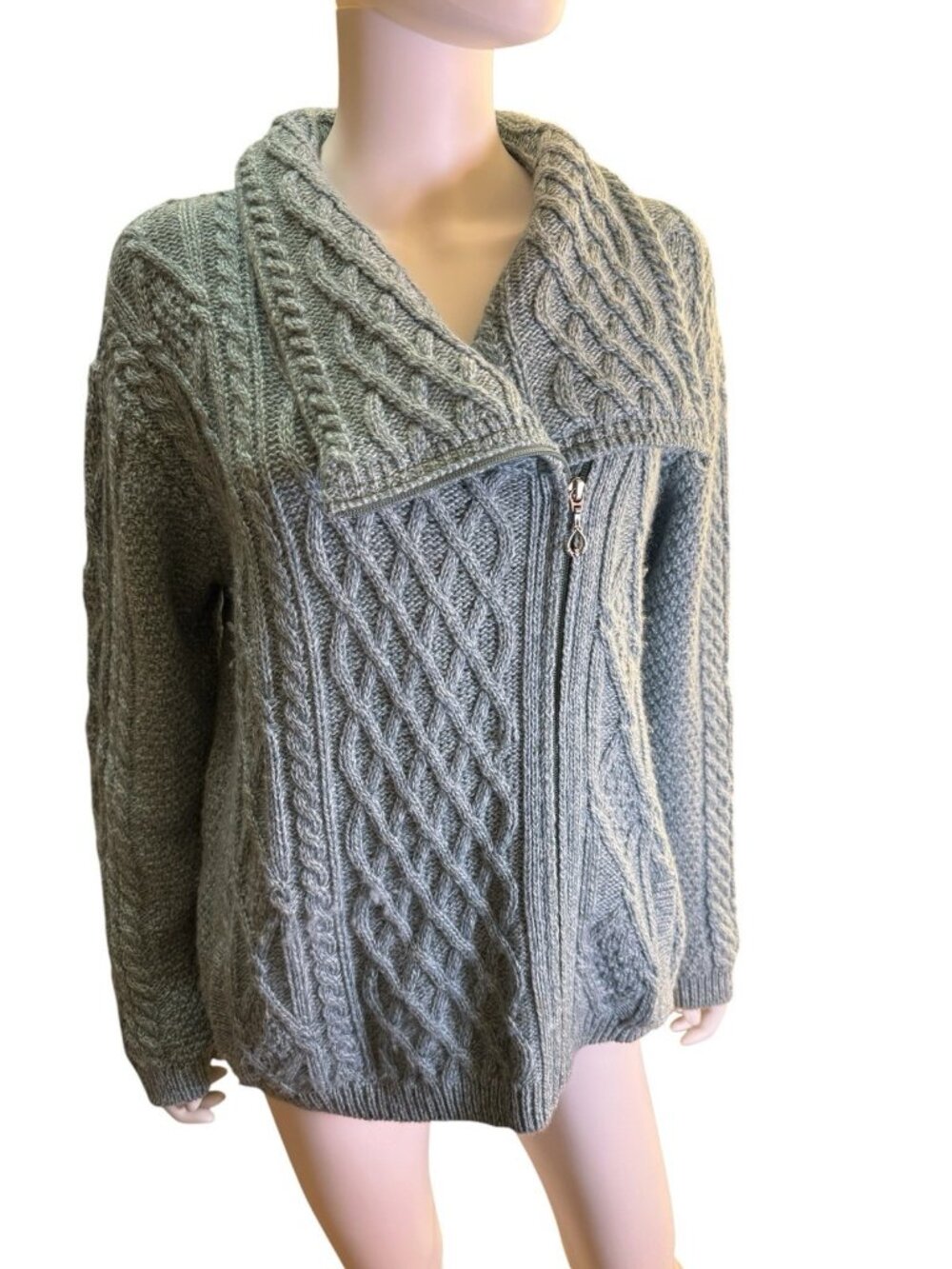 Aran Crafts Ireland 100% Merino Wool Fisherman Cable Knit Cardigan Sweater Blue